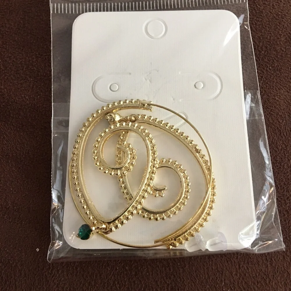 NEW Boho Golden Swirl Hoop Earrings Green Crystal